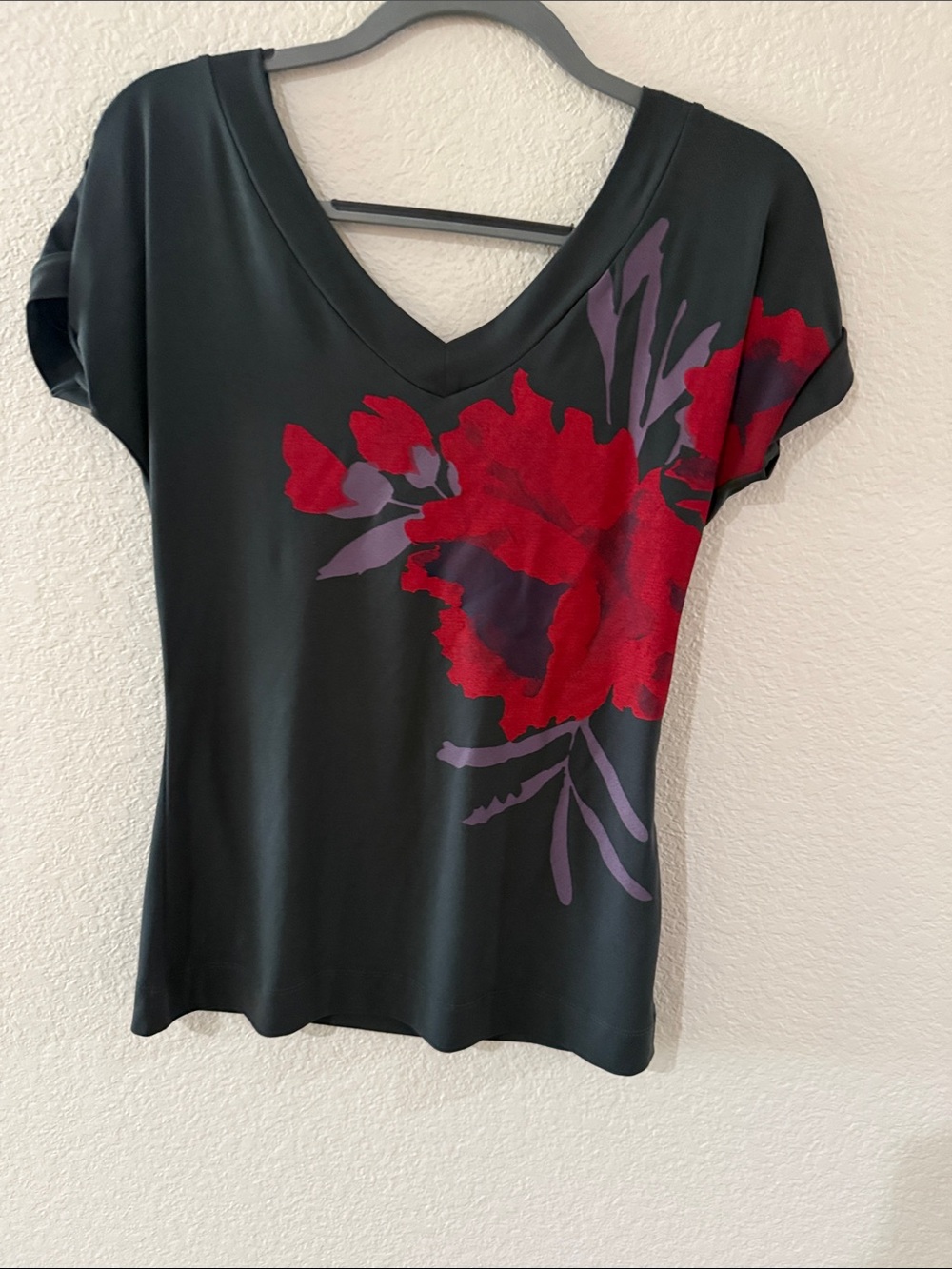 Black V-Neck Short Sleeve Top with Red Floral Accent